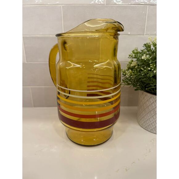 VTG MCM Anchor Hocking Amber Pitcher w Stripes - Picture 2 of 9